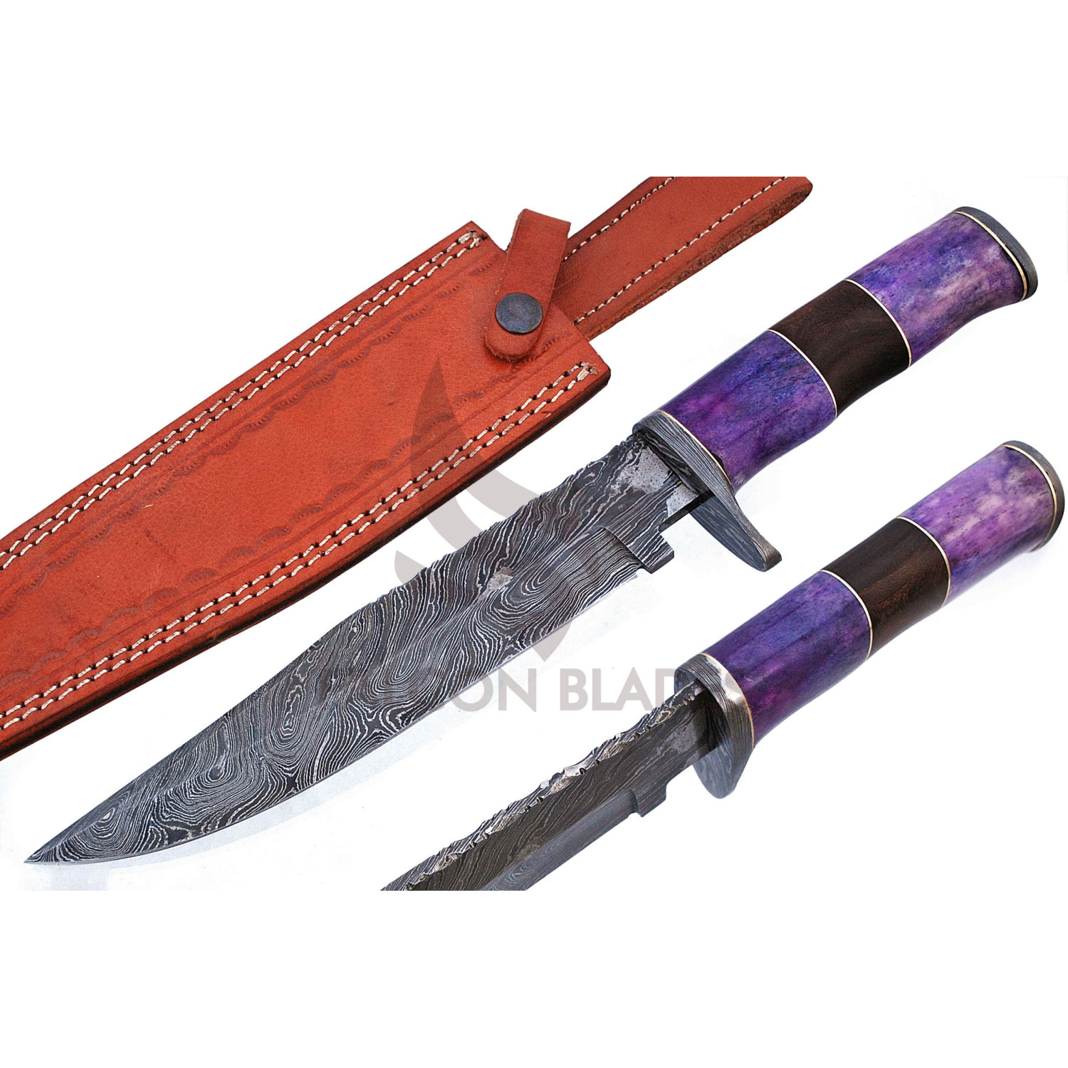 damascus steel blade, bowie, hunting, knife, survival, leather, sheath ...